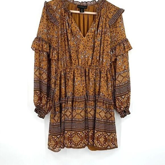 House of Harlow 1960 Boho Rust Gold Brown Ruffle TieredFloral Mini Dress Small - Picture 2 of 13